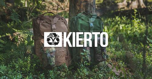 Backpacks in the woods and Kierto-logo