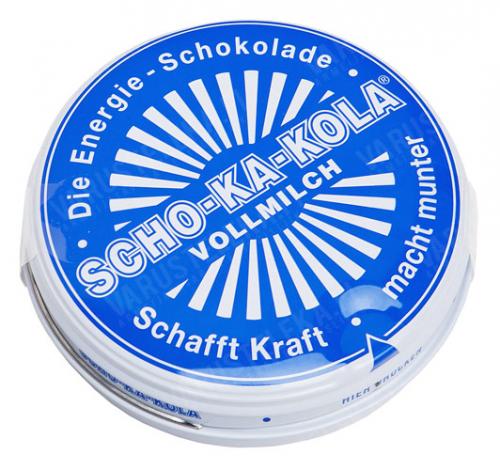 Scho-ka-Kola, 100 g tin can, wholemilk, 10 pcs box, BLUE.