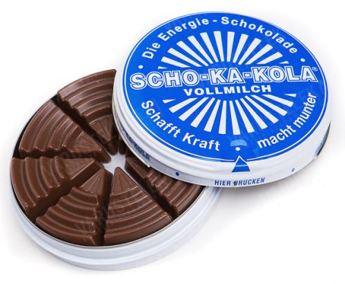 Scho-ka-Kola, 100 g tin can, wholemilk, 10 pcs box, BLUE.