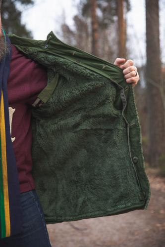 Swedish M59 Parka with Liner, Surplus. The faux fur liner buttons up inside the shell coat and won't come off on its own.