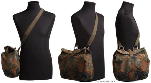 BW Gas Mask Bag, with Carrying Strap, Flecktarn, Surplus. The shoulder strap is detachable.