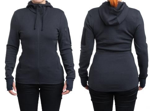 Särmä Merino Wool Hoodie. Model is 170 cm tall with a 72 cm waist and 100 cm hips. Wearing size X-Small Regular.