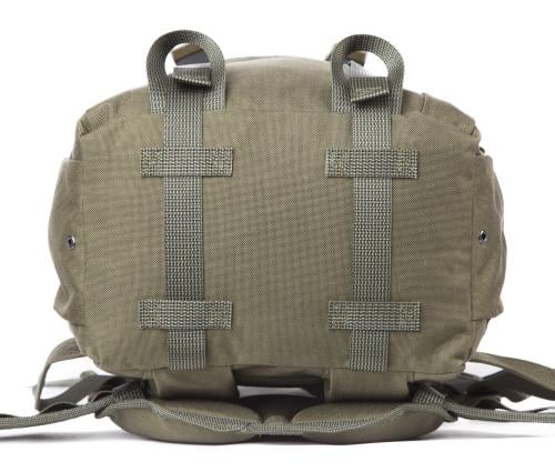 Savotta Jääkäri M backpack. Utility strap attachment points in the bottom. The integrated straps can also be used to tie down stuff.