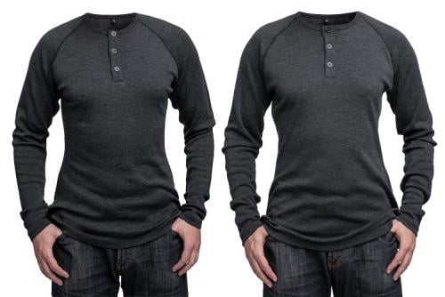 Särmä Henley Shirt, Merino Wool. Model's size 175 / 100 cm, on the left size Small, on the right Medium.