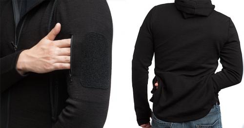 Särmä Merino Wool Hoodie. Sleeve pocket and the large poacher's pocket on the back.