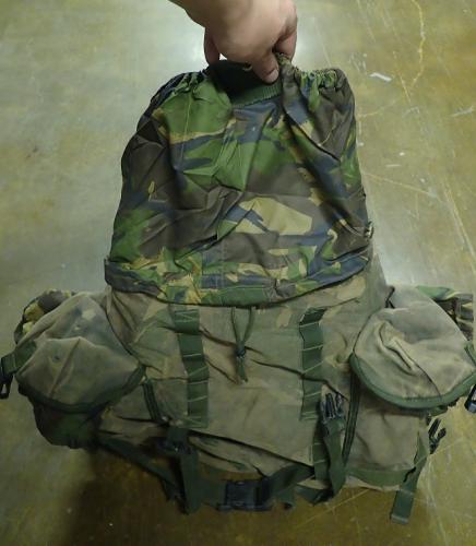 British Patrol Pack 30 Litre, DPM, Surplus. Every compartment usually has a weather sock of varying condition.