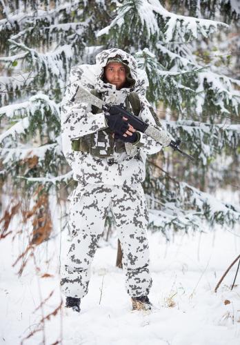 Gear Aid Camo Form Camouflage Wrap. Snow wrap on the vest, reversed Digital Woodland on the rifle.