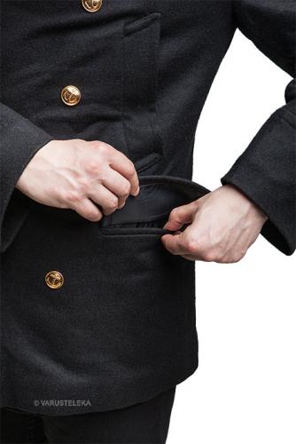 Russian navy wool coat, black, surplus. The pockets are sewn shut, you'll have to open them up. Do this after you decide to keep the coat.