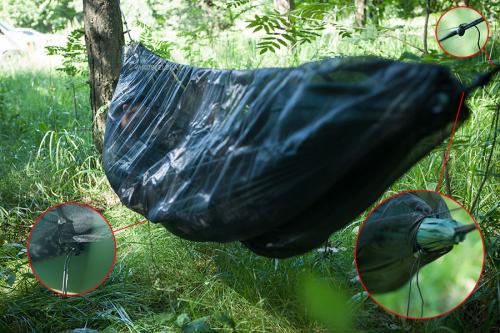 DD Hammocks SuperLight Mosquito Net. Attachment and adjustment details.