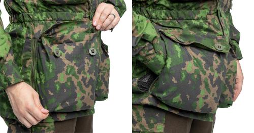 Särmä TST L4 Recon Smock. Front hem details. Large exterior pockets with button flap and interior zippered pockets in the mesh lining.
