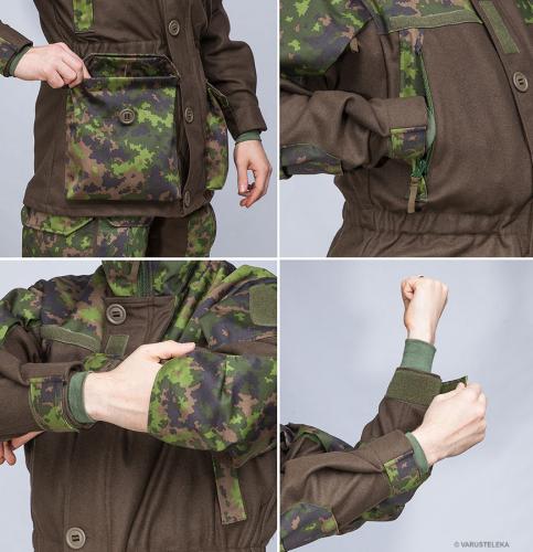 Särmä TST wool jacket, M05 woodland camo. Large hem pockets, flat chest pockets with mesh lining, elbow pad pockets and velcro cuffs.