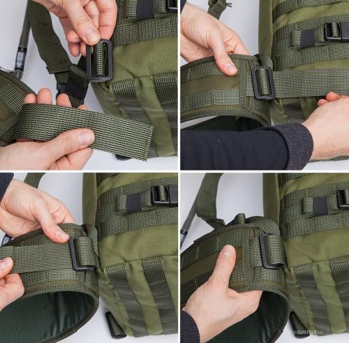 Särmä TST Equipment belt. Attaching the equipment belt onto a backpack. The U-turn at the end is very important. If you want extra security you can add a loose 40mm Tri-Glide buckle to the end of the webbing strap to form a super secure lock. This naturally also makes removing the belt slower.