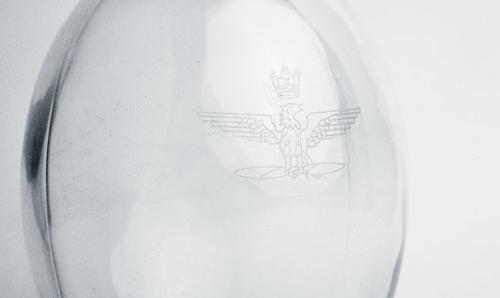 Italian glass carafe with engraving, glass, surplus.