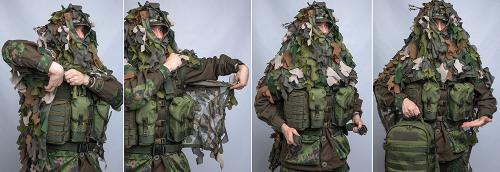 Snigel Ghillie Cloak 14. By opening the arm hole press studs you can remove your backpack without doffing the cloak. Really smart!