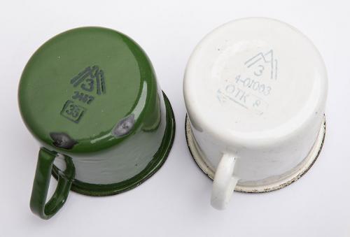 CCCP enamel mug, surplus. Complete with very Soviet looking markings.