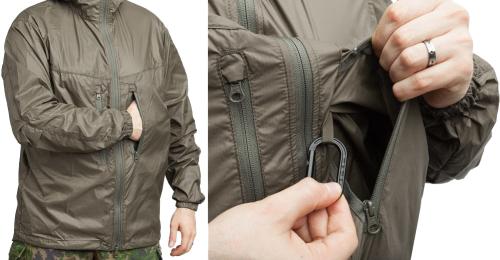 Särmä TST L3 Wind Jacket. Zippered chest pockets with "idiot cord" tie down points inside. Carabine clip sold separately.