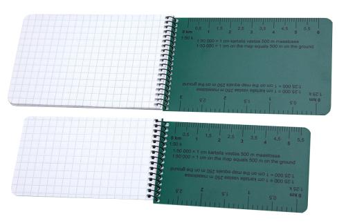 Särmä TST waterproof notebook. The inside of the front cover features map rulers for 1:25k and 1:50k scale maps.