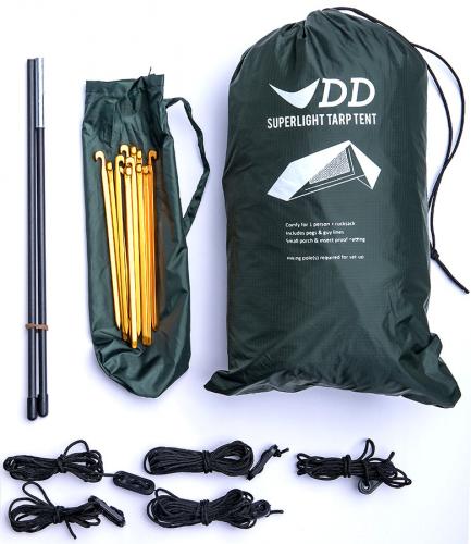 DD Hammocks SuperLight Tarp Tent. 12 pegs, 2 long and 4 shorter guylines included