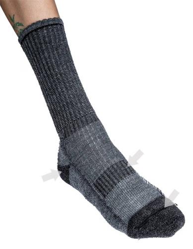Särmä Hiking Socks, Merino Wool. Inverted sock to show the heel cup, ankle and instep bands, flat seam on the toe box and terrycloth areas.