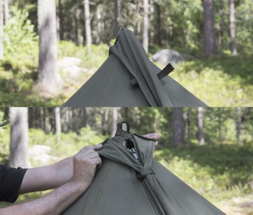 Savotta Hawu 4 tent components. The tip of the tent can be covered with a canvas cover when the tent is pitched using a standard center pole.
