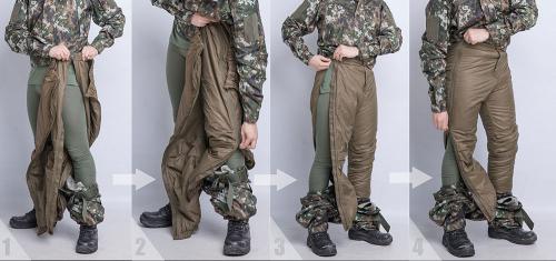 Särmä TST L3 Loft Pants. 1) Pull down your camou pants and place the L3 Loft Pants with side zippers opened in place. 2) Close the first side zipper from top to bottom. 3, 4) Close the other side zipper from top to bottom.