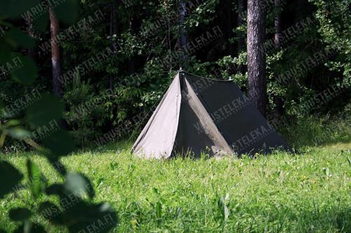 Austrian Shelter Half with Pegs and Poles, Olive Drab, Surplus. The complete tent would look about like this. German model pictured.
