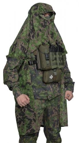 Foxa PES Net 260 Camo Mesh Fabric, M05 Woodland, by the meter. The pictured Särmä TST Camouflage cloak is made from this material.