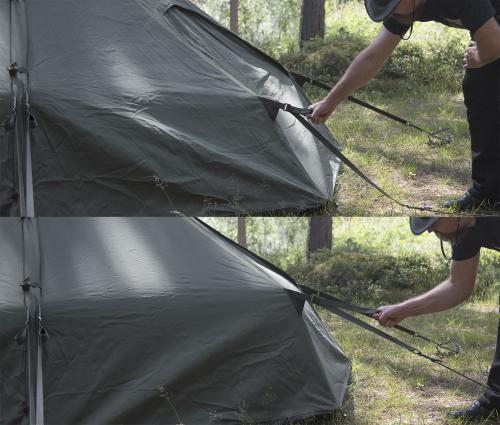 Savotta Hawu 8 tent. Corner line quick adjustment.