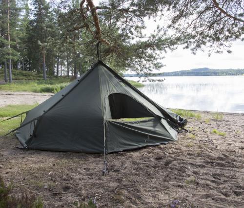 Savotta Hawu 4 tent. "Hanged" from a pulled down branch, no central support pole needed.