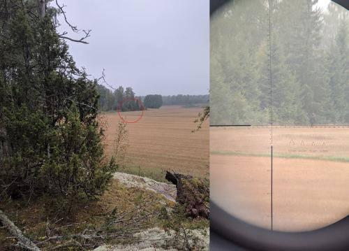 Särmä TST L7 Camouflage Cloak. Cloak on the left, olive drab hunting outfit on the right. Distance approximately 250 meters. Photo taken through binoculars.