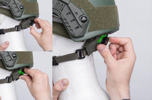 PGD MICH Ballistic Helmet, NIJ IIIA. Liner tension is adjusted by turning the neck dial knob. Pulling the knob out loosens the tension.