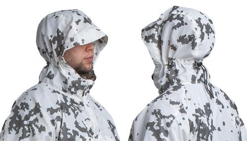 Särmä TST L7 Camouflage Anorak. The hood is sized for wear over a helmet, but can be tightened down for wear over a bare head.
