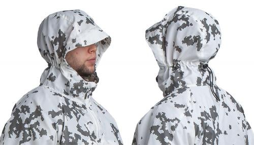 Särmä TST L7 Camouflage Anorak. The hood is sized for wear over a helmet, but can be tightened down for wear over a bare head.