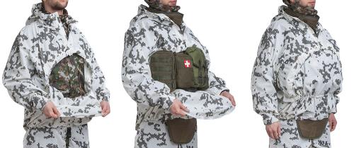 Särmä TST L7 Camouflage Anorak. You can fit combat kit inside the anorak and get access to it by opening the zipper.