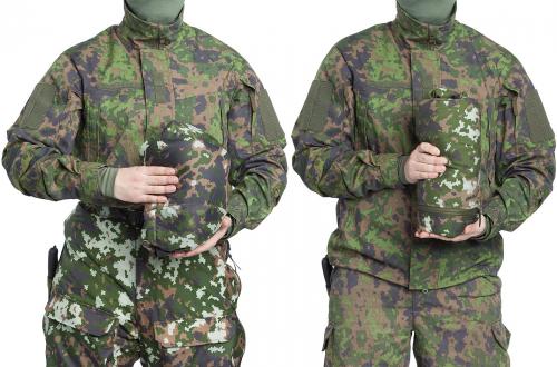 Särmä TST L5 Thermal Jacket. Left: L5 Thermal Jacket packed into it's own hood. Right: L5 Thermal Trousers rolled up.