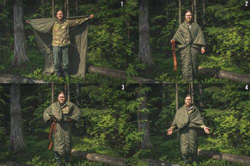 British jungle sleeping bag, surplus. Thermal cloak: tie the marked cords together (1). Lift up the hem (3) and tie a belt around (4). Ready!