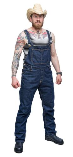 Särmä Denim Overalls. Model's height 183 cm, chest 114 cm, waist 90 cm, with size Medium overalls.