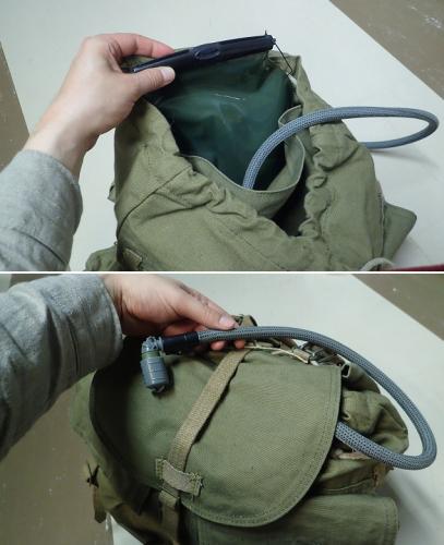 Czechoslovakian M60 backpack, with suspenders, brown, surplus. Source WLPS bladder hidden in the inside pocket.