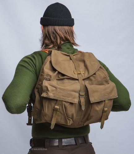 Czechoslovakian M60 backpack, with suspenders, brown, surplus. Carried here with Czech leather Y-straps by some hair god.
