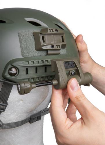 Princeton Tec Charge MPLS. The helmet side mount passes under the rail to provide an above rail mount.
