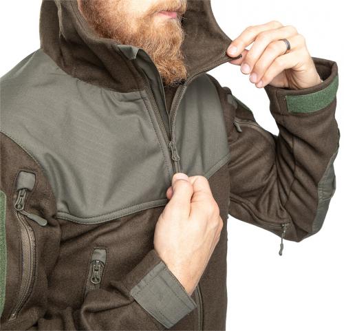 Särmä TST Woolshell Jacket. Storm flap behind the front zipper. The Green-Brown color is discontinued.