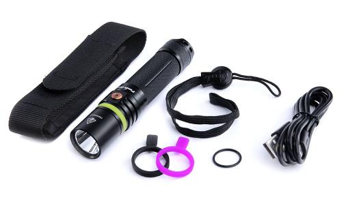 Fenix UC30 Rechargeable flashlight. Comes with a belt pouch, 2600 mAh battery, spare rubbers, lanyard and charging cable.