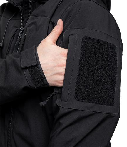 Särmä Softshell Jacket. A small zippered pocket on the sleeve and a velcro patch base on top of it.