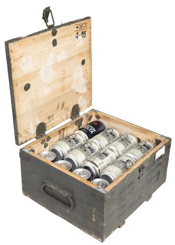 Czechoslovakian small wooden box, surplus. Fits 20 cans of refreshment (0,33 l size). Beer not included.