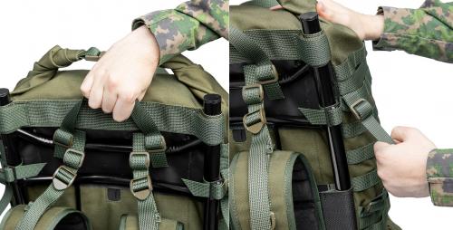 Särmä TST RP80 recon pack. Carry handle straps attached onto the neck area of the frame and sides of the main bag.