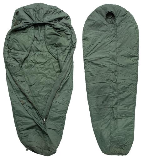 British modular "Defence 4" sleeping bag, surplus. The zipper runs almost the whole length of the bag. It's made to open up by just pulling the sides apart.