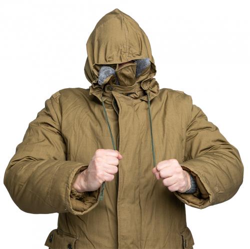 Soviet winter jacket, super stylish, green-brown, surplus. The jacket features a good size hood.