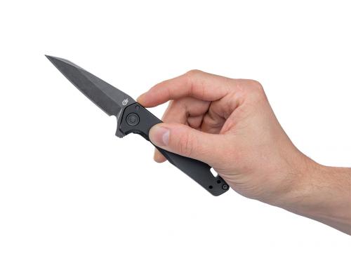 Gerber Fastball Folding Knife, Black. The opening mechanism is a flipper, which doubles as a finger guard.