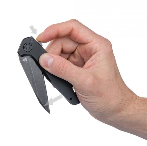 Gerber Fastball Folding Knife, Black. The opening mechanism is a flipper, which doubles as a finger guard.