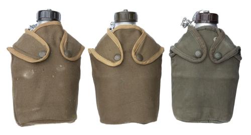 French M47 canteen with cup and pouch, used. Colors vary.